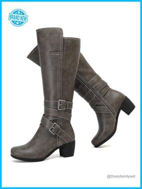 Faux Leather Knee High Boots Pointed Toe Block Heel Side Zip